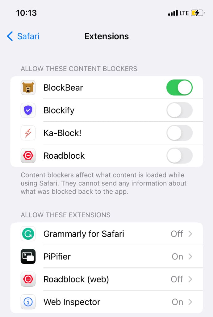 Enable ad blocker extension in Safari on iPhone