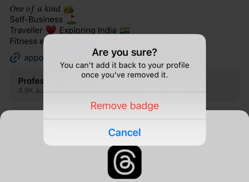 Confirm removing Threads badge from Instagram