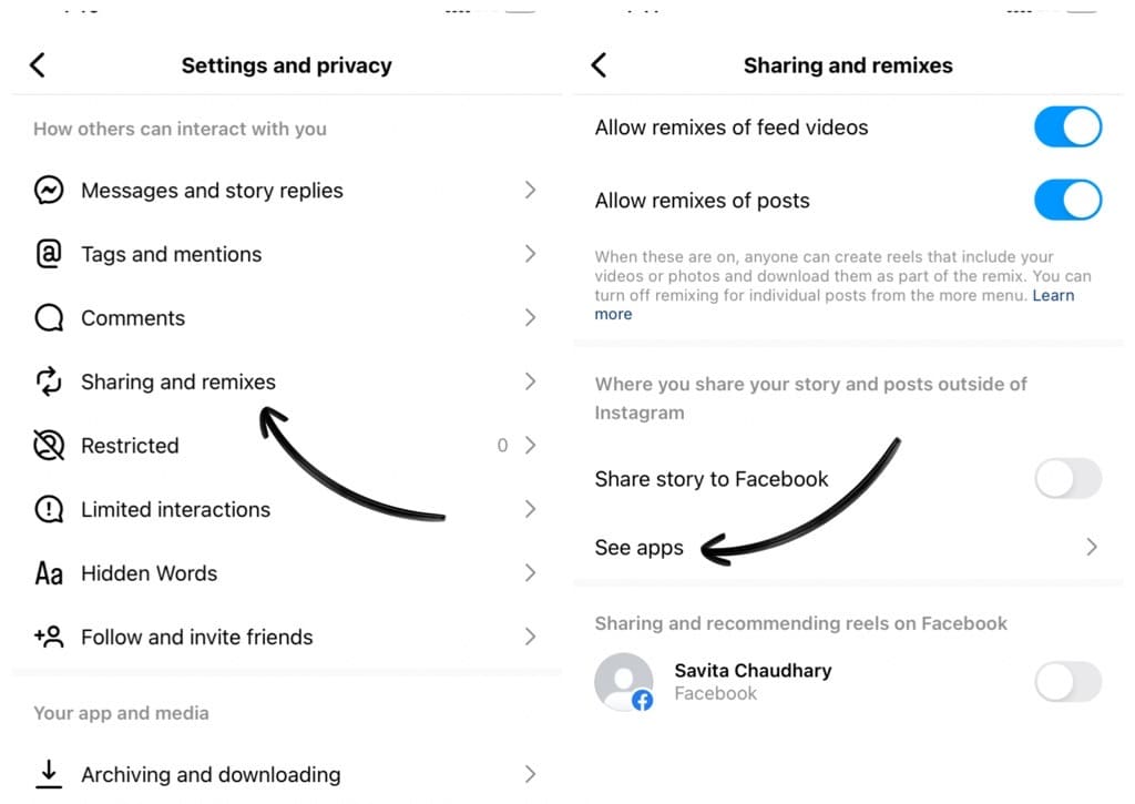 WhatsApp sharing settings on Instagram
