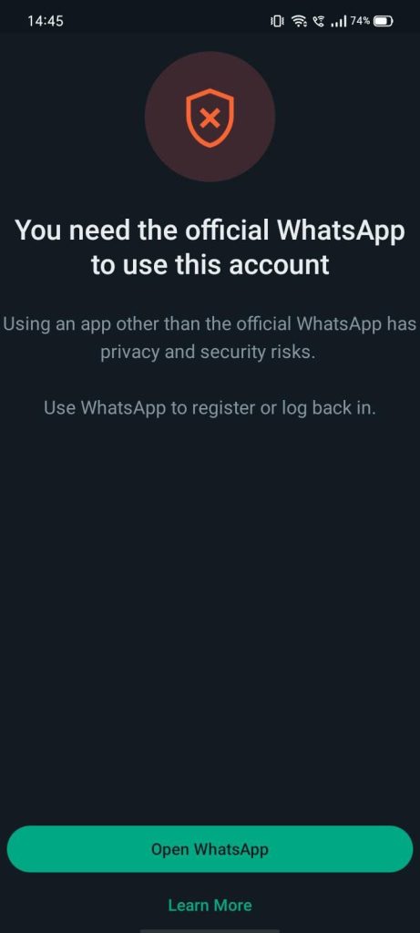 You need the official WhatsApp to use this account