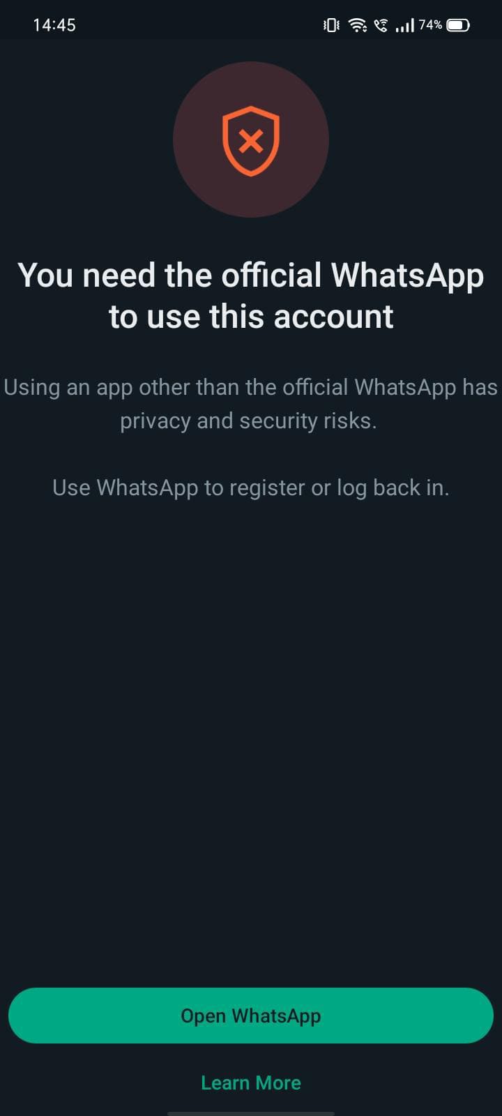 You need the official WhatsApp to use this account error screenshot