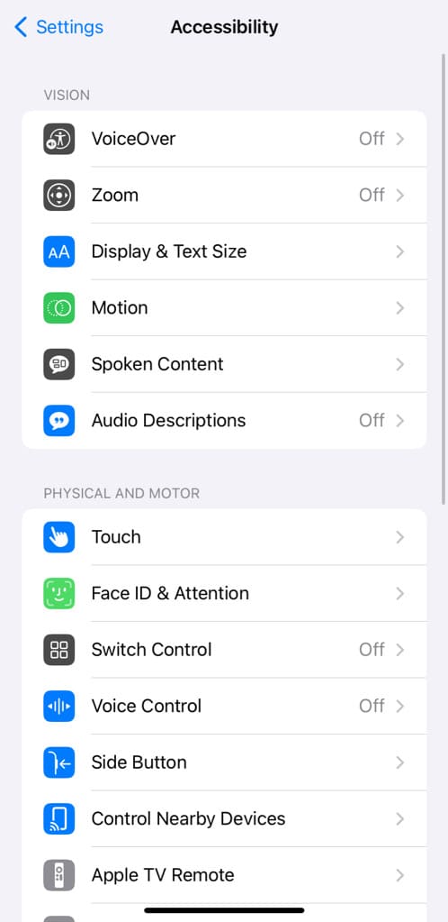 Touch accessibility settings on iPhone