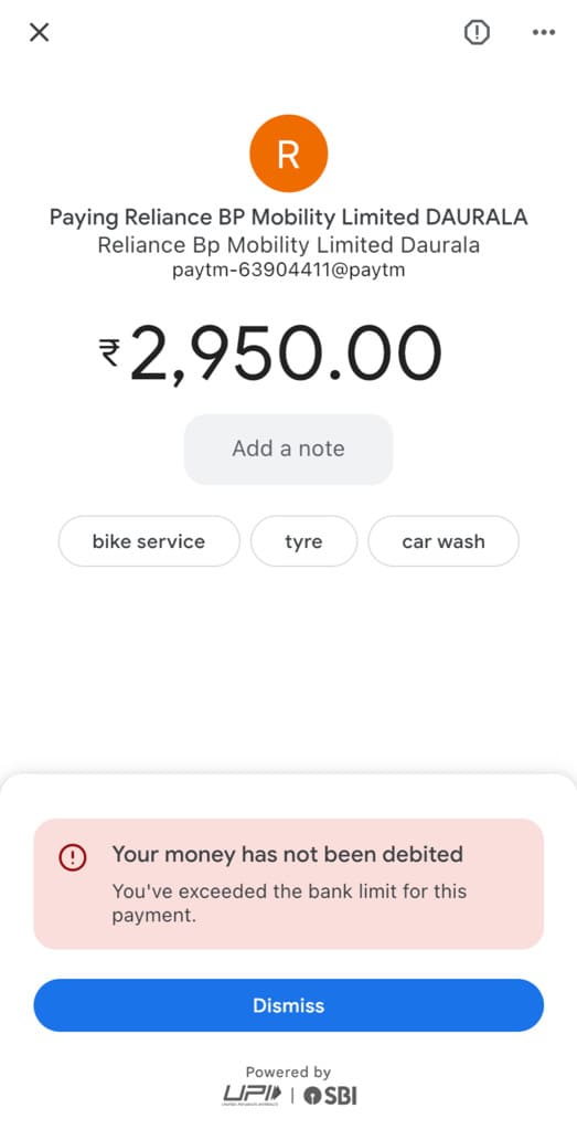 Bank limit exceeded “Your money has not been dedibted” - Google Pay screenshot
