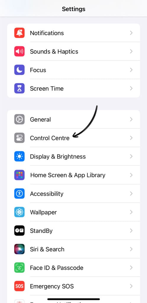 Control Centre in iPhone Settings