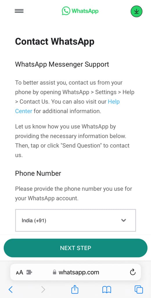 WhatsApp Messenger contact page
