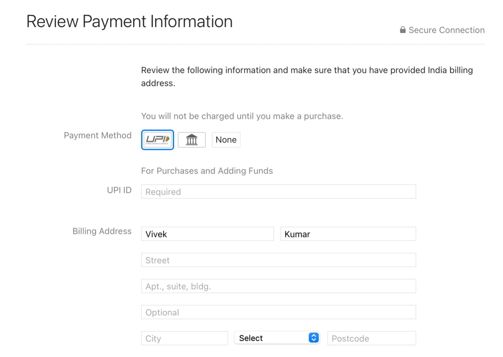 Select payment method for new country