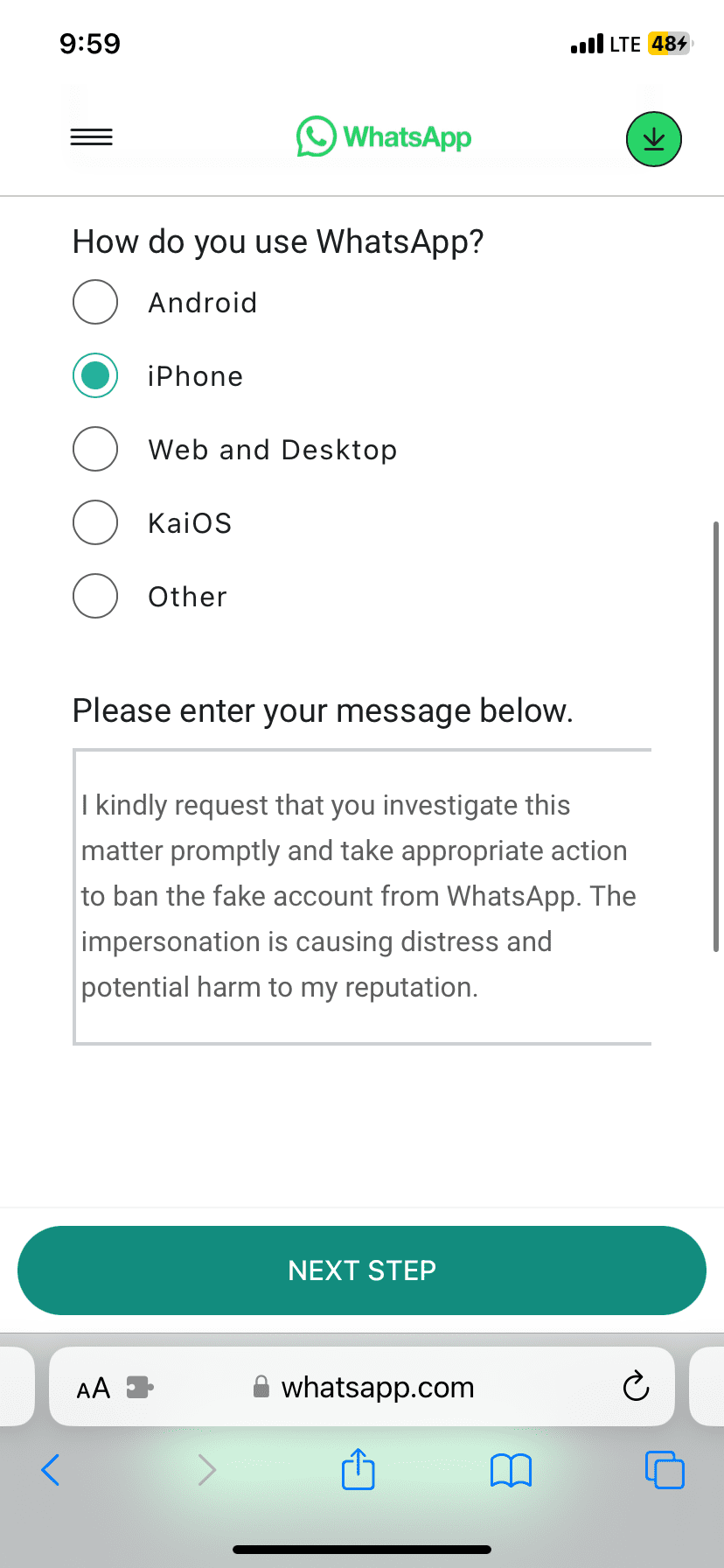 WhatsApp account report message