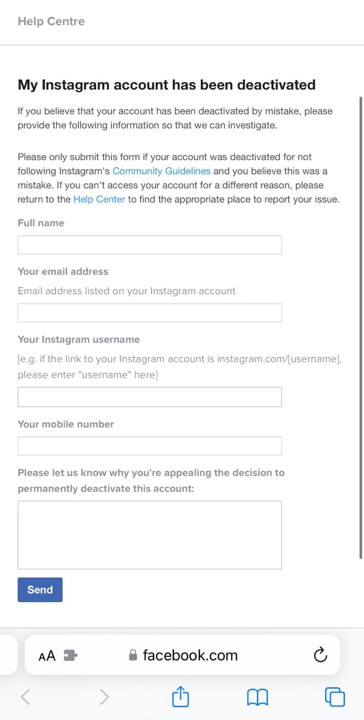Appeal disabled Instagram account from Facebook support form