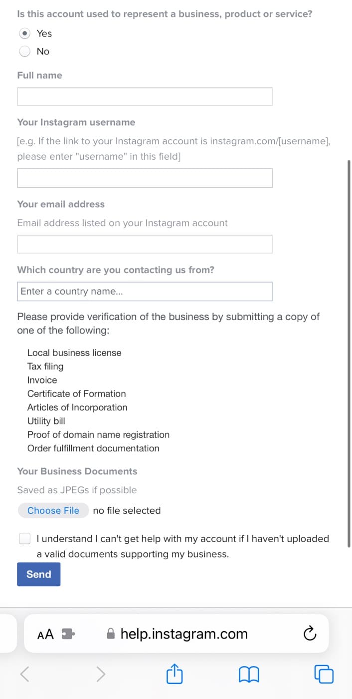 Business Instagram account disabled appeal form
