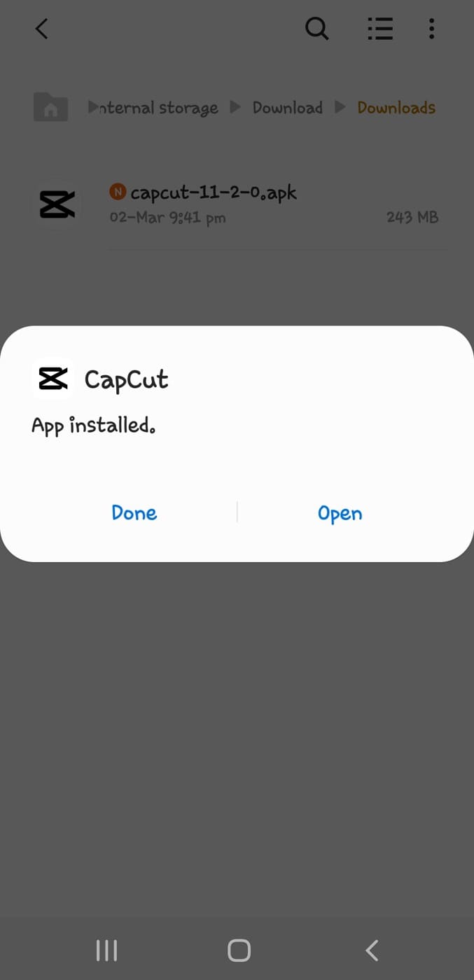 CapCut installed successfully - Open app