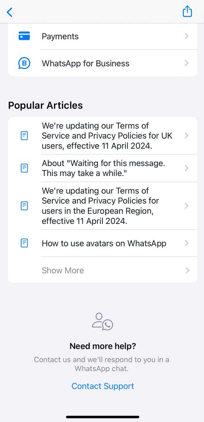 Contact WhatsApp Support on iPhone
