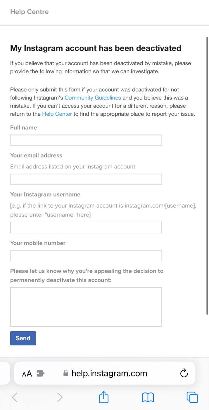 Instagram account disabled appeal form