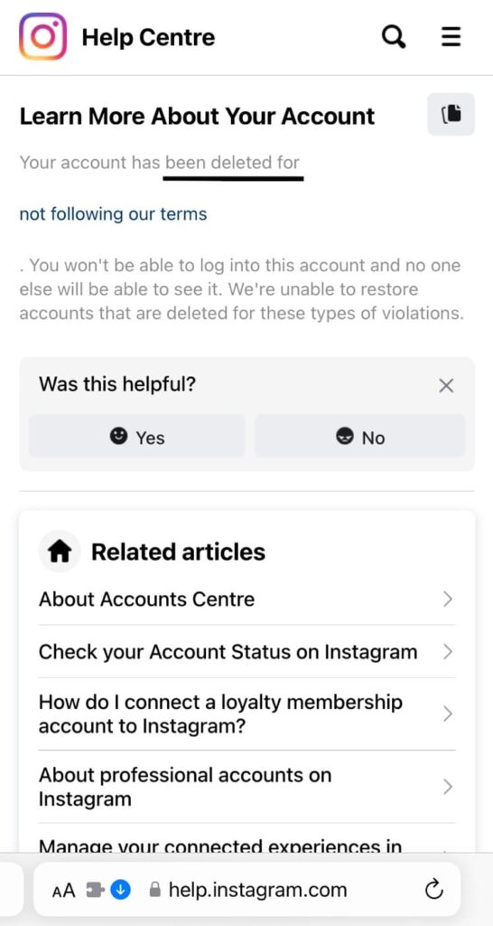 Instagram account disabled permanently