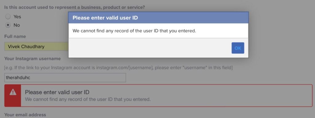 Instagram appeal form - Cannot find record of the user ID that you entered