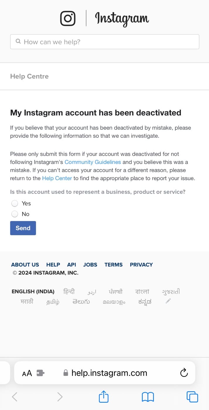 Select business account in Instagram appeal form