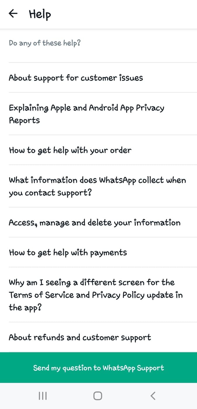 Send question to WhatsApp support on Android