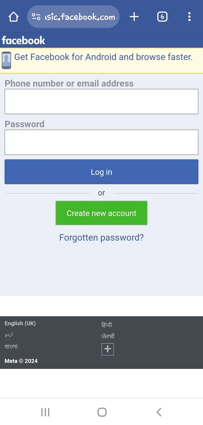 Facebook mBasic login page
