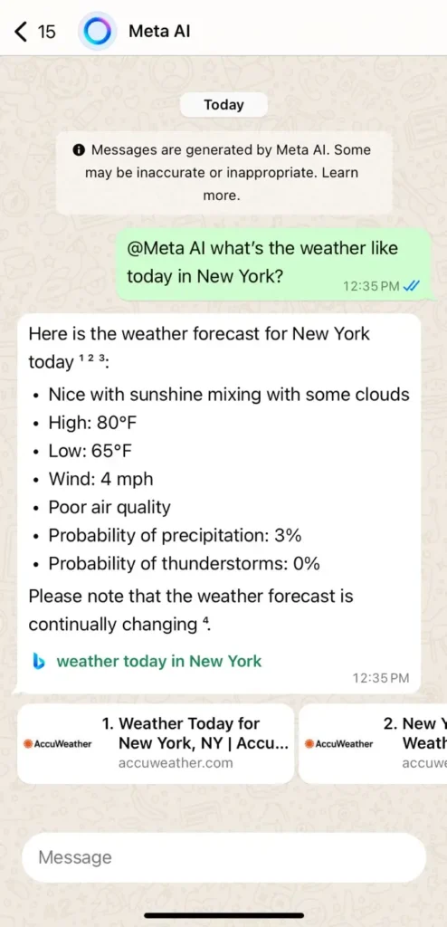 Get weather updates from Meta AI