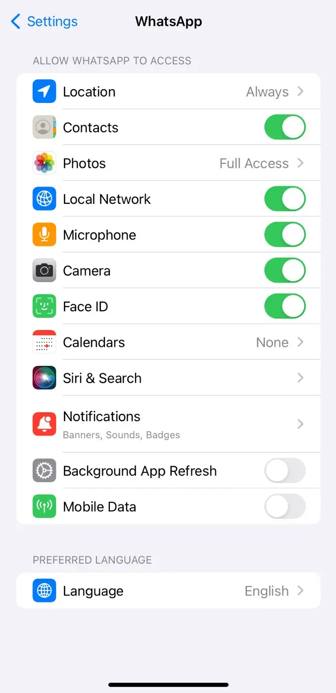 Disable mobile data for WhatsApp on iPhone