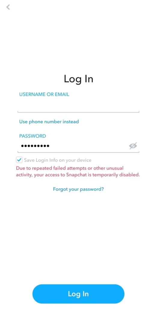 Snapchat account temporarily disabled due to repeated failed attempts