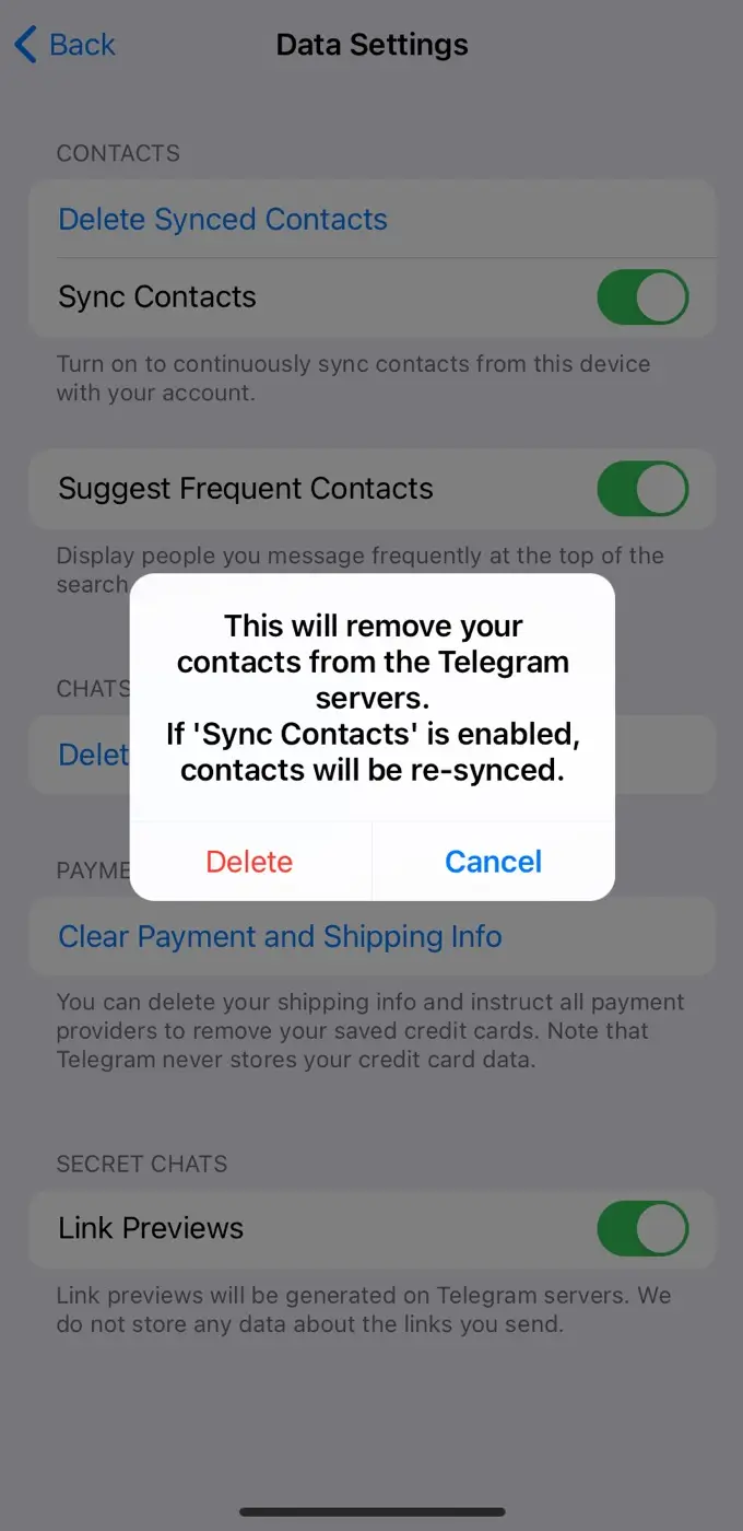 Delete synced contacts from Telegram servers