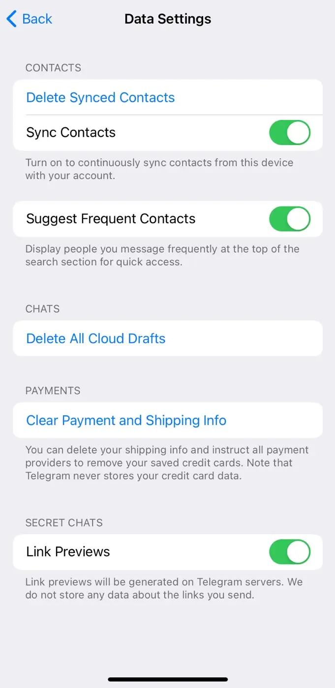 Disable contact syncing on Telegram