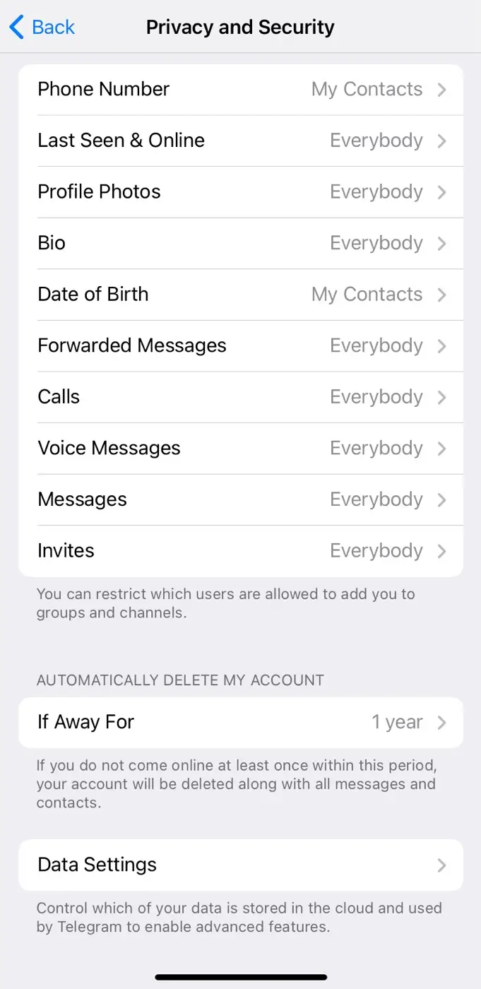 Privacy and Security settings on Telegram