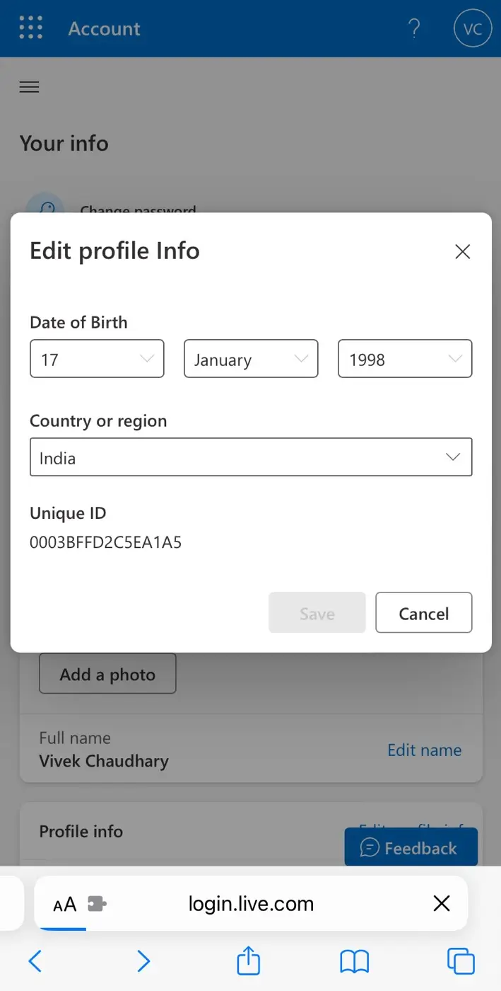 Change date of birth on Microsoft profile