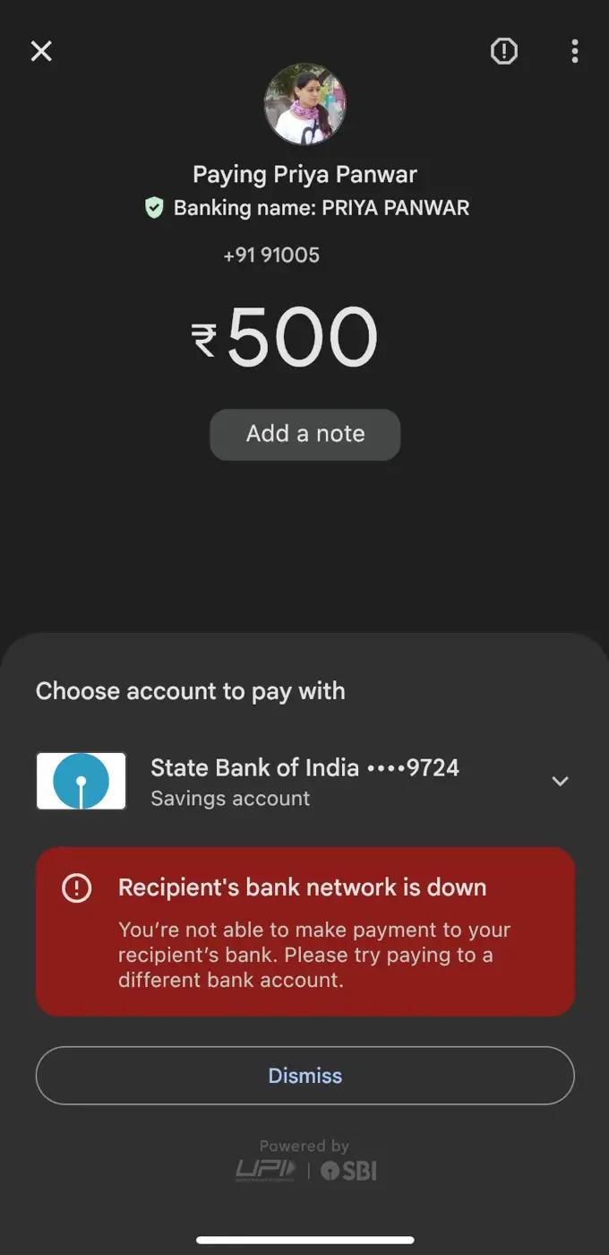 Recipient’s bank network is down Google Pay error screenshot