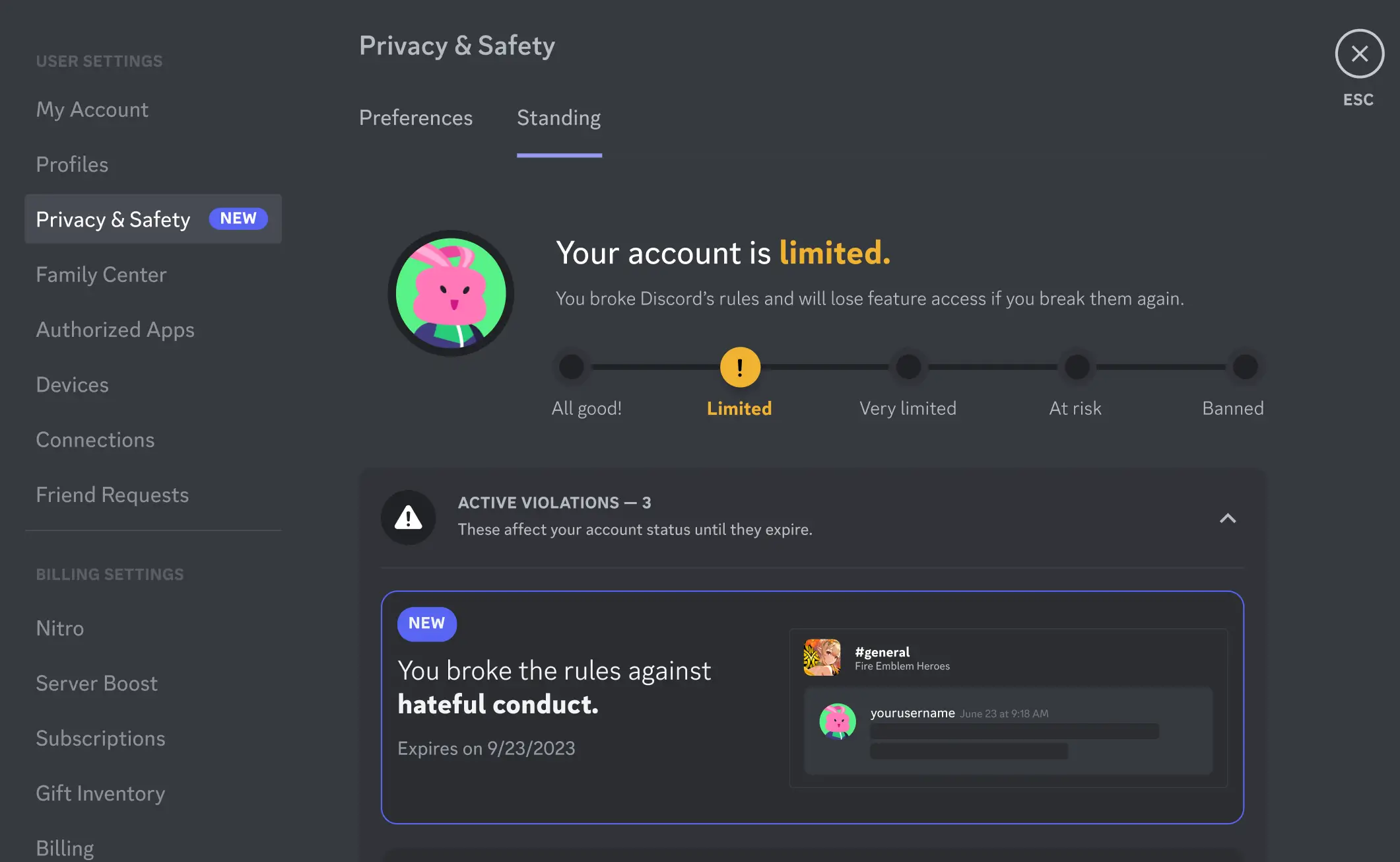 Account Standing page on Discord