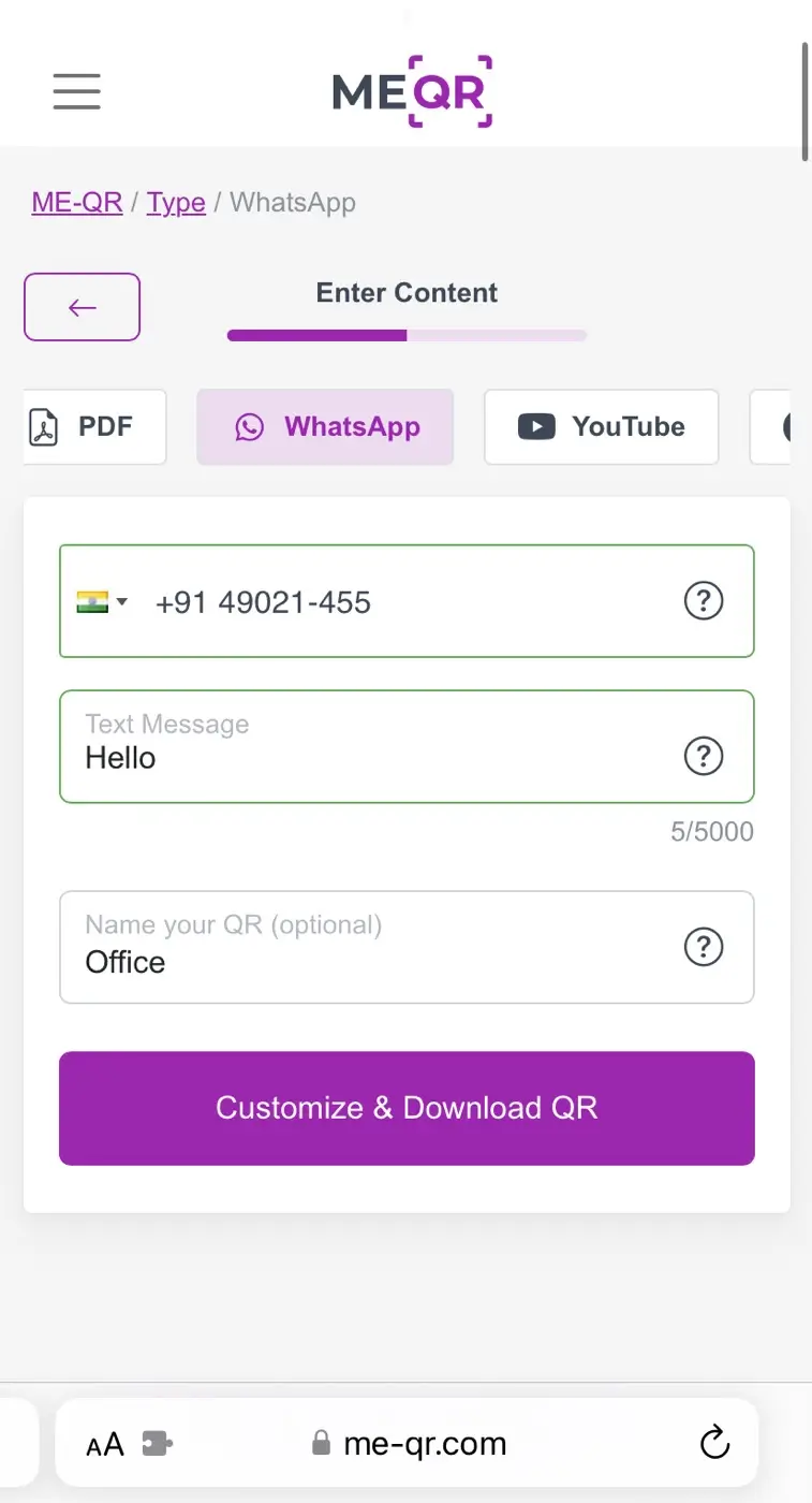 Create WhatsApp QR using QR Code Generator