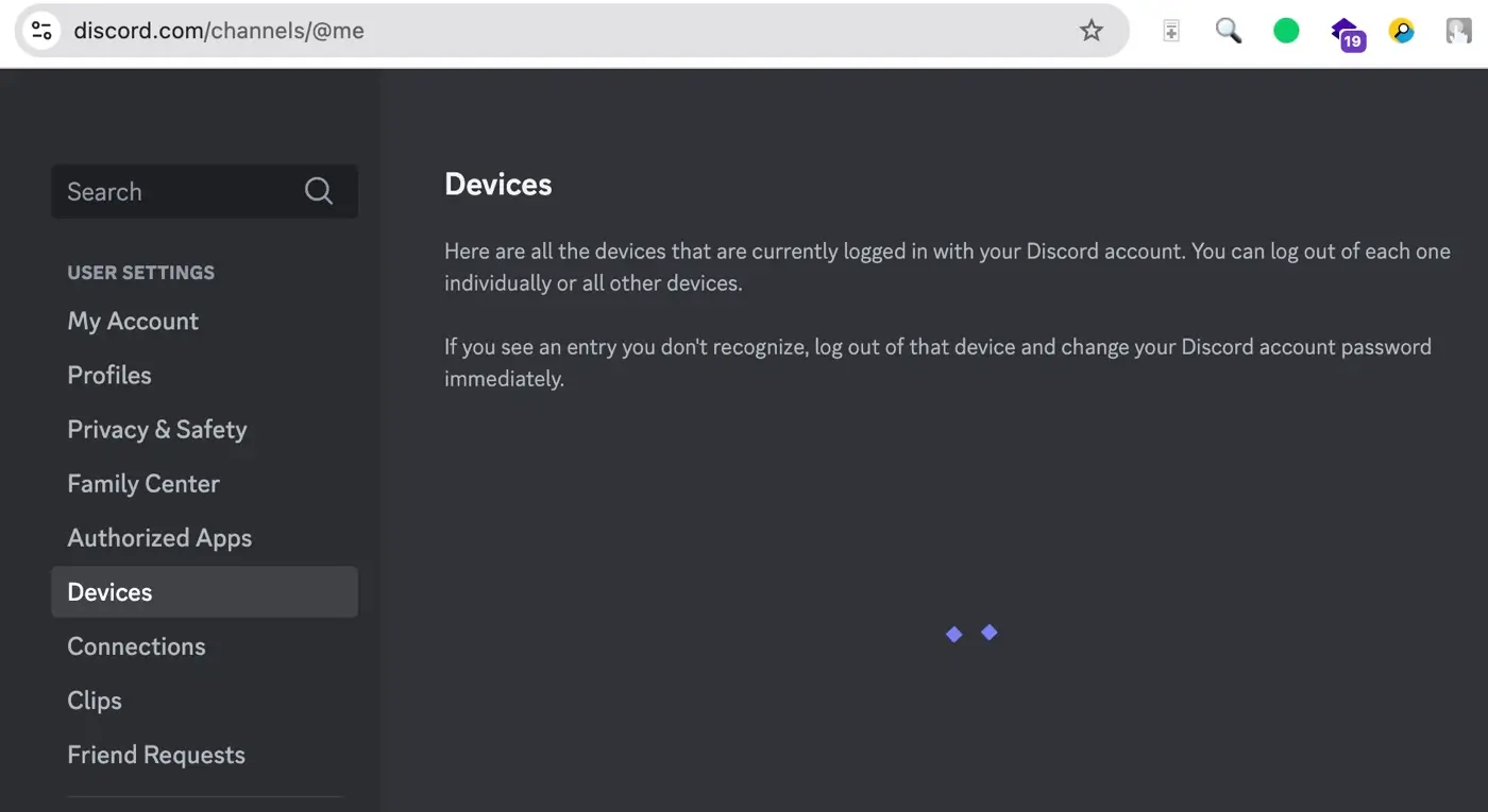 Discord Devices settings Find active sessions