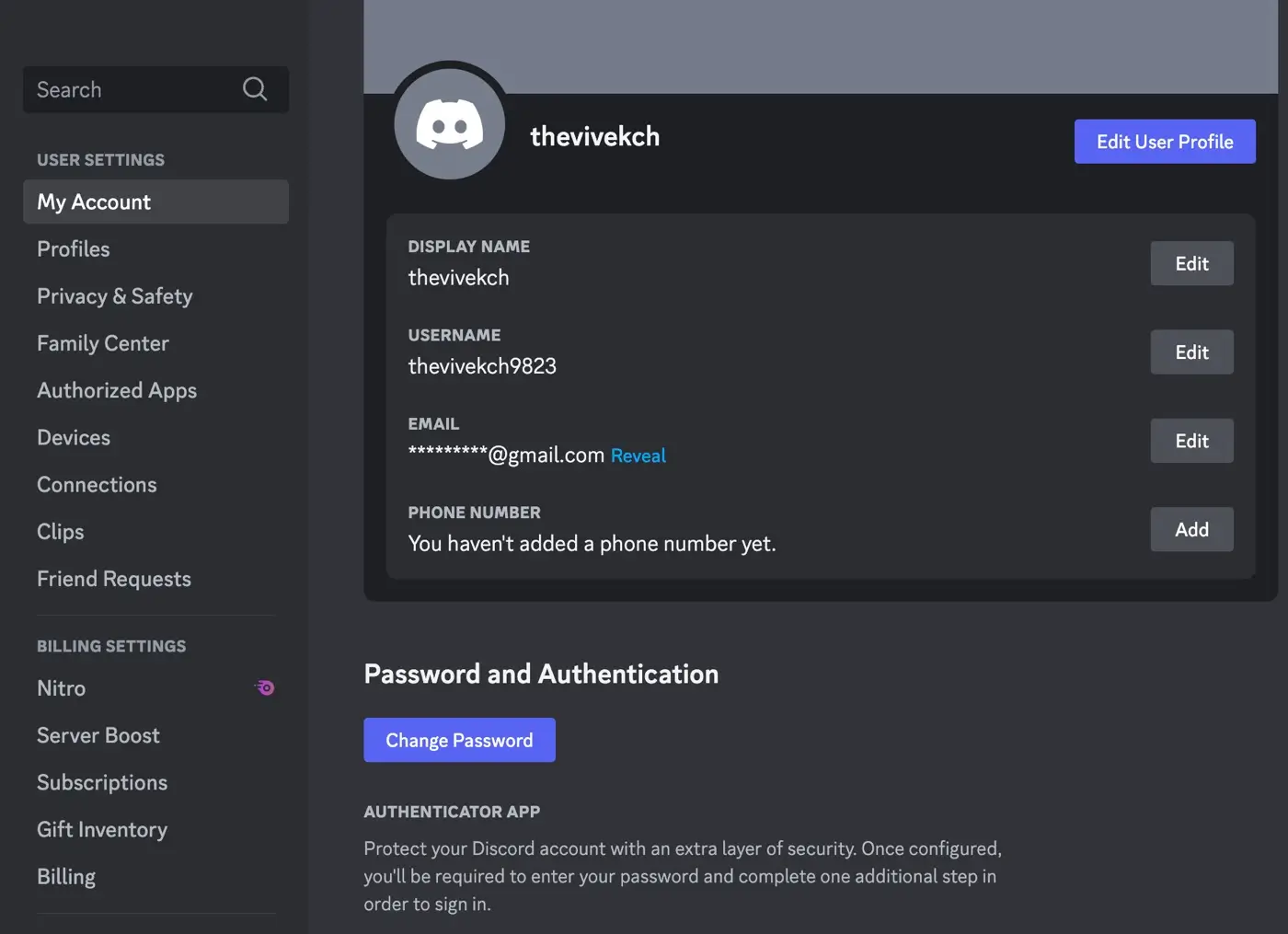 Discord User Settings page