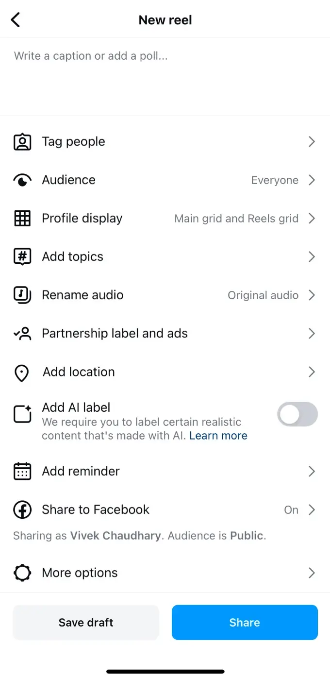 More options while uploading Instagram Reels