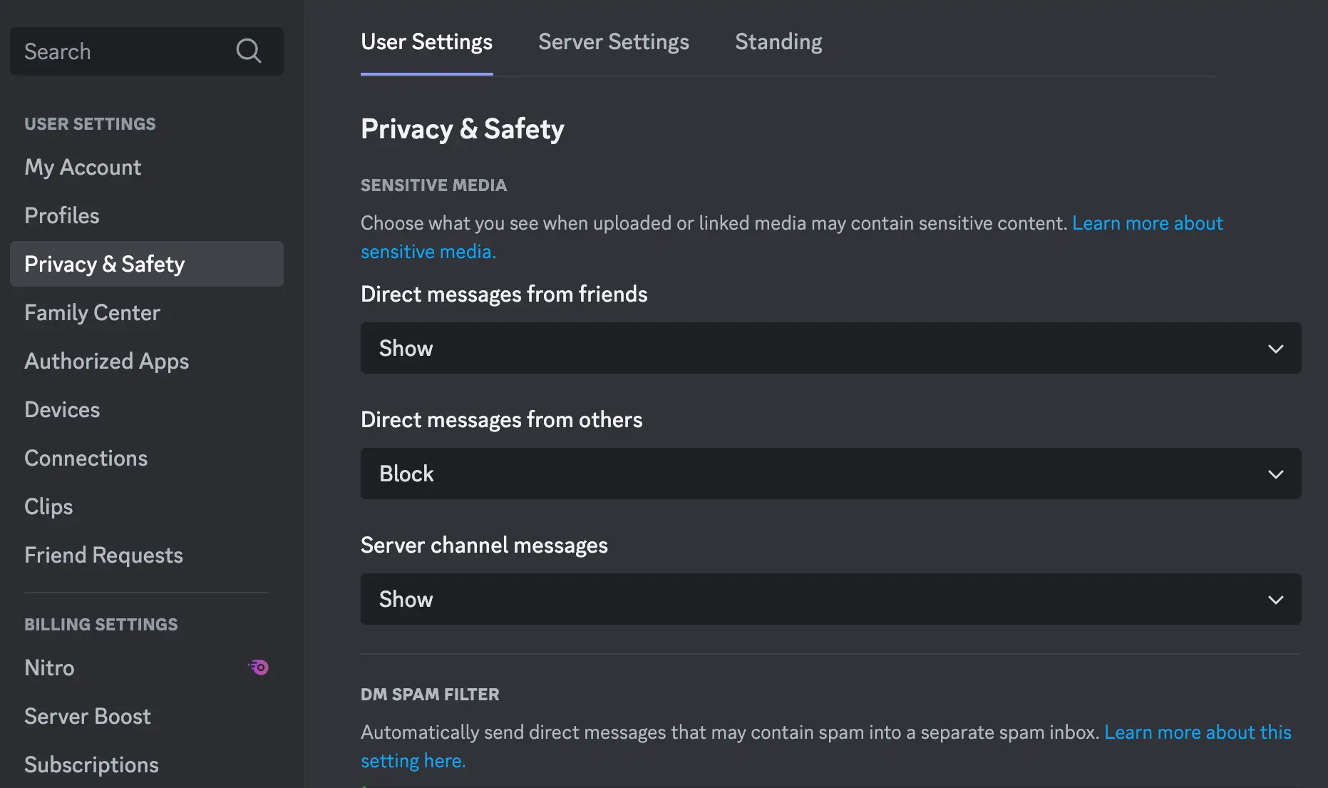 Privacy & Safety settings on Discord