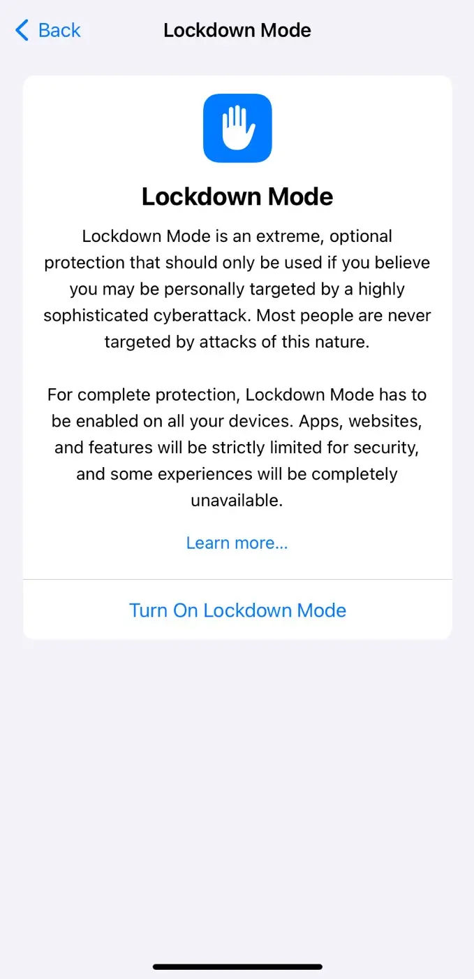 Turn on lockdown mode on iOS