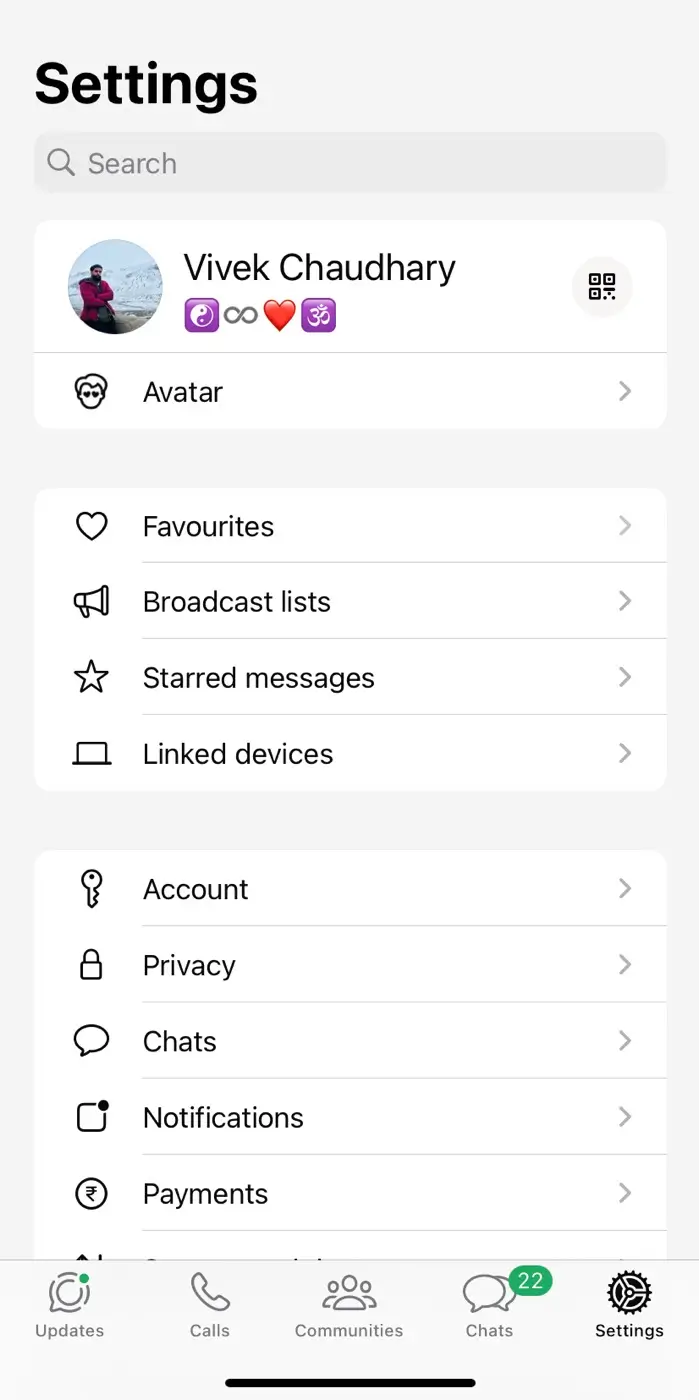 WhatsApp Settings menu