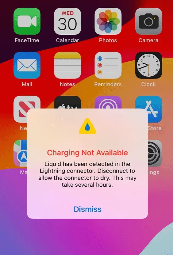 Charging not available liquid has been detected warning