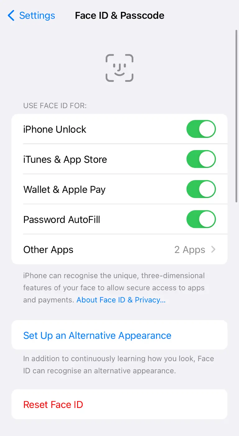 Reset FaceID on iPhone