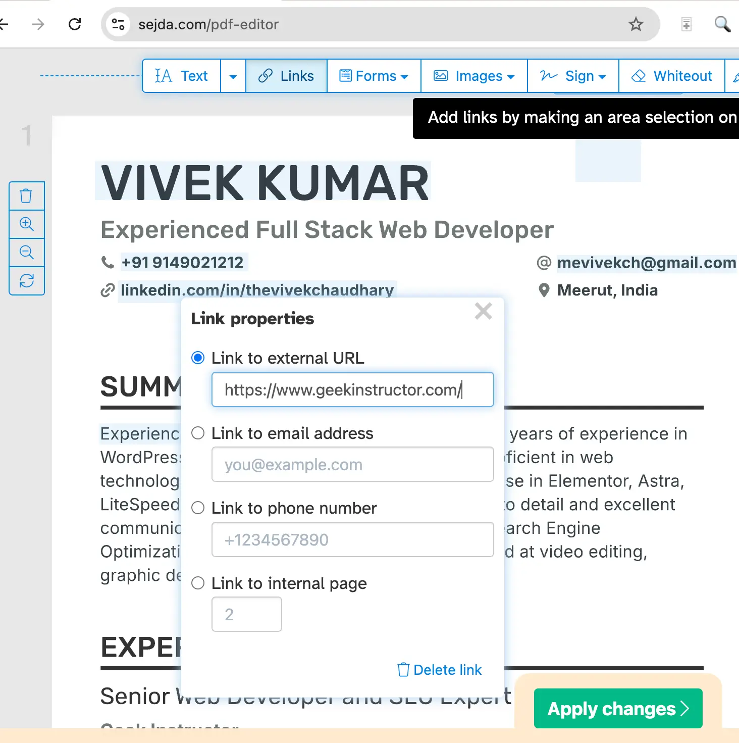 Add link to PDF using Sejda PDF Editor