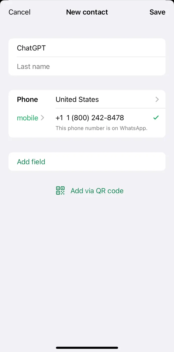 Save chatgpt phone number on WhatsApp